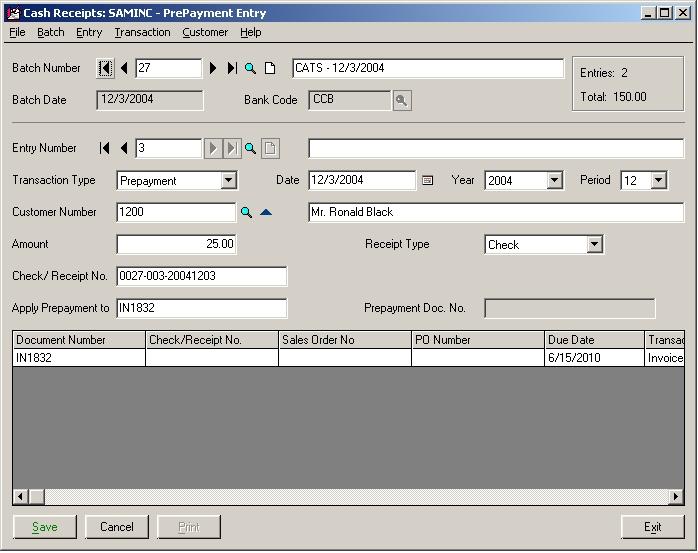 Cash Reciept Prepayment Screenshot