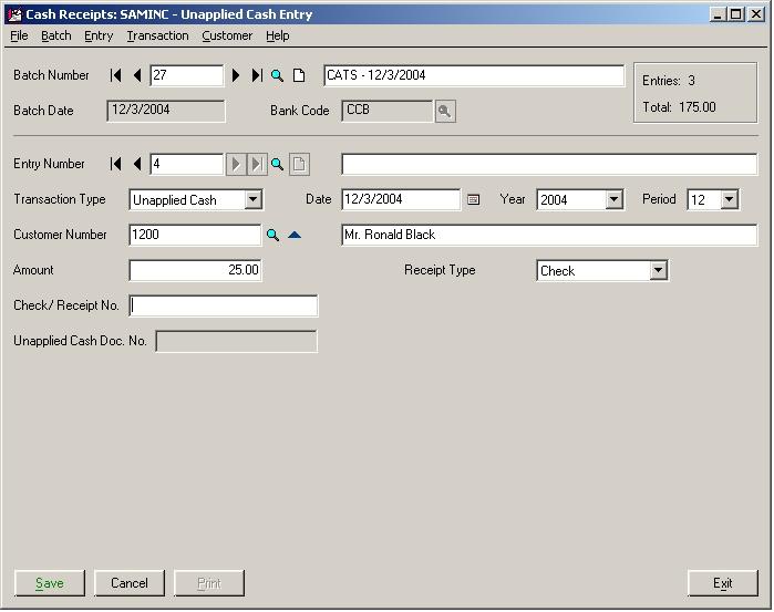 Cash Receipt Unapplied Cash Screenshot